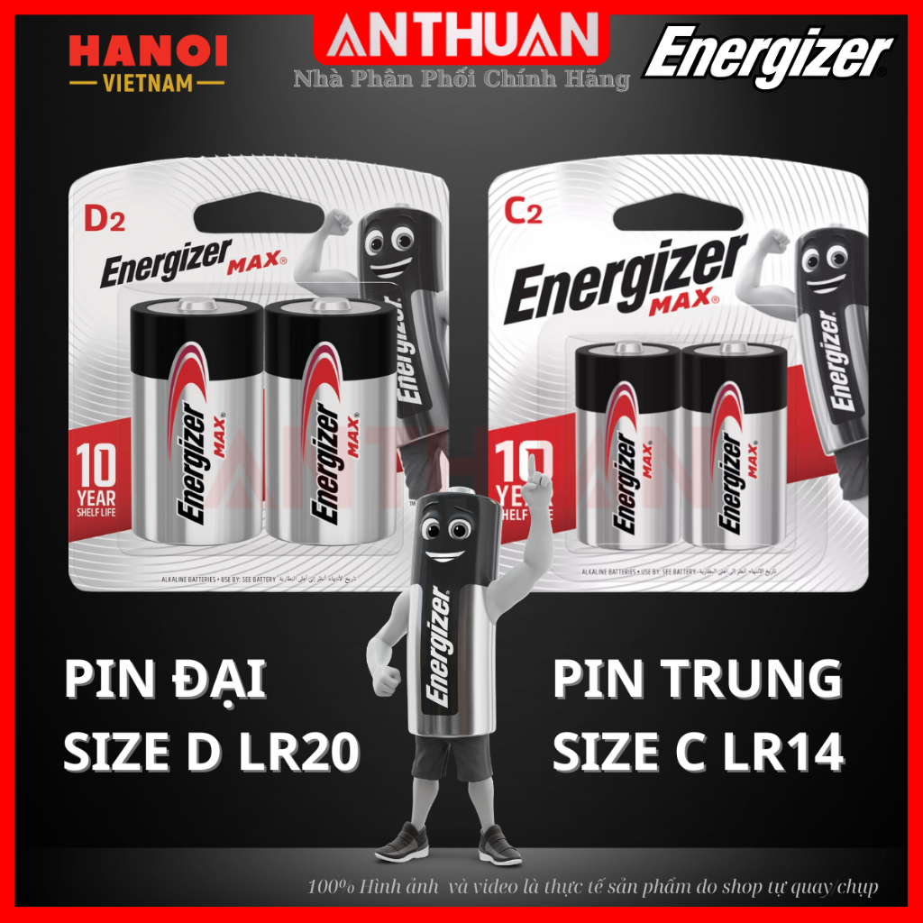 Vỉ 2 Viên Pin Đại D / Pin Trung C  1.5V ENERGIZER Chính Hãng LR20 / LR14 bền gấp 5 lần R20P / R14P
