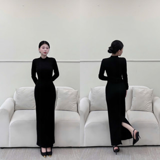 Đầm Body Form Dài Tay Dài, Vải Thun Gân Co Giãn 4 Chiều Ôm Body, Tôn Dáng Gợi Cảm, Xẻ Sau - LYC