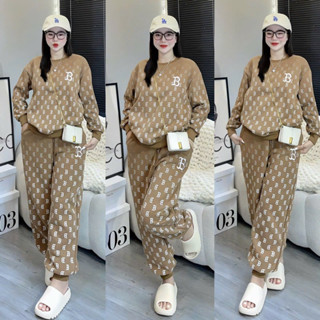 Set Đồ Bộ Áo Thun Tay Dài In Chữ B Lớn Full 3D Phối Quần Dài Bo Lai Vải Thun Nỉ Siêu Cưng  _ Xưởng May Thu Lê