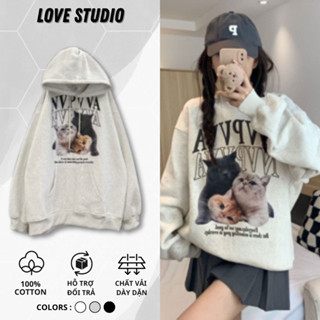  Áo Hoodie mèo hello kitty nữ nam unisex form rộng nỉ bông cotton cặp đôi người yêu cổ tròn  A208  