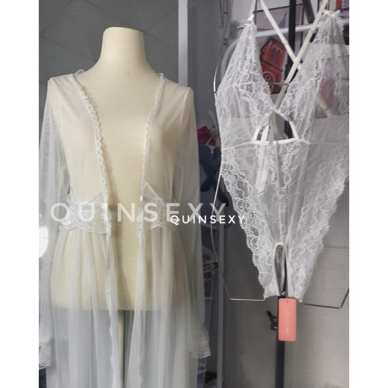 Set Ngủ Ren Bodysuit Kèm Áo Choàng Ren Màu Trắng Quyến Rũ BSC108