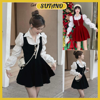 Set sơ mi tay bồng kèm yếm nhung cúc ngọc tiểu thư set rời 2 món,váy nhung xòe chiết eo baby doll kèm áo B208 SUTANO