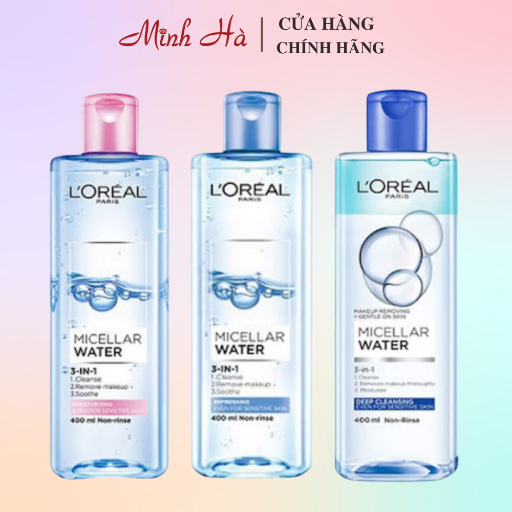 Nước tẩy trang Loreal Paris Micellar Water 3-in-1 400ml không chứa cồn làm sạch và mềm da