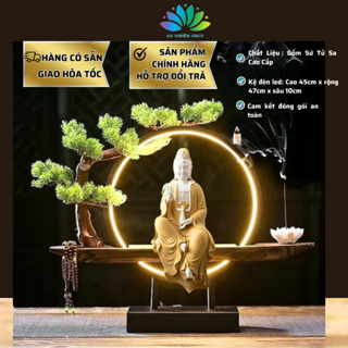 Tượng Phật Quan Âm Bồ Tát Chất Liệu Gốm Tử Sa Kèm Kệ Led Cây Xanh, Thác Khói Trầm Hương Phong Thủy