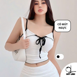 Áo 2 dây có mút ngực cổ bẻ thắt nơ trước ngực DuyLinh áo croptop hai dây đi biển ôm body DL15D
