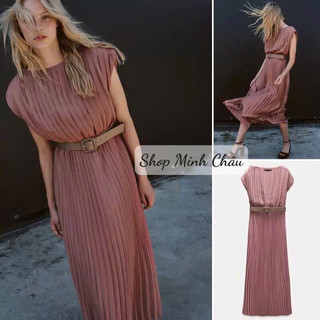 (Sẵn) Váy midi màu vỏ đỗ dập ly tay hến Zarra, kèm beld