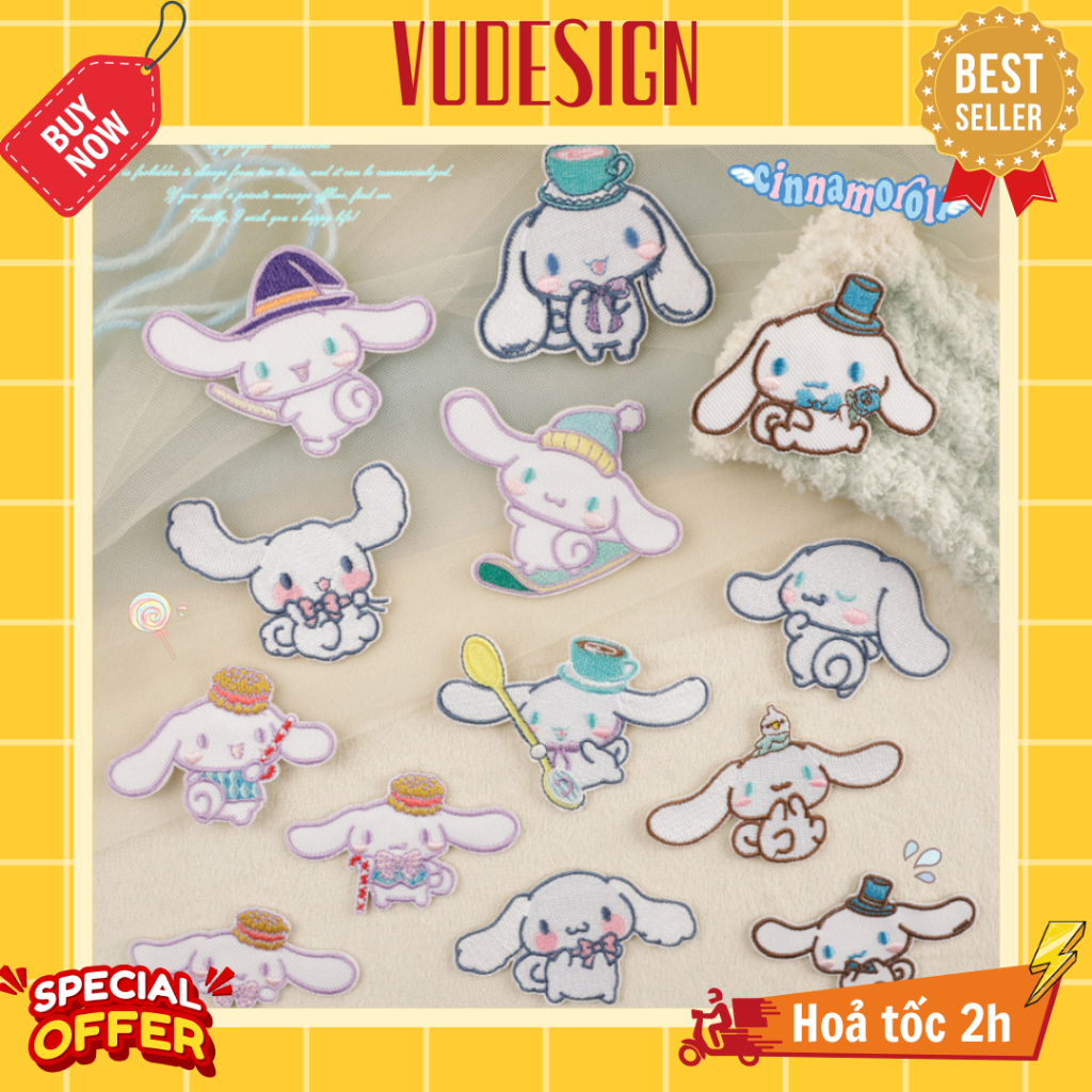 Sticker Vải, Ủi Thêu Quần Áo, Balo, Túi, Mũ Sanrio Cinamoroll Bánh Quế Vudesign