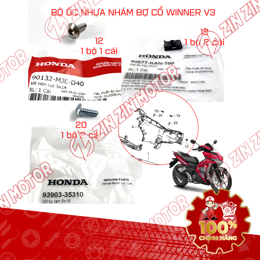 Bộ Ốc Dàn Áo, Bu Lông Bắt Bợ Cổ Gáy Sau Winner X V3 2022 2023 90677KANT00, 9390335310, 90132MJED40 C