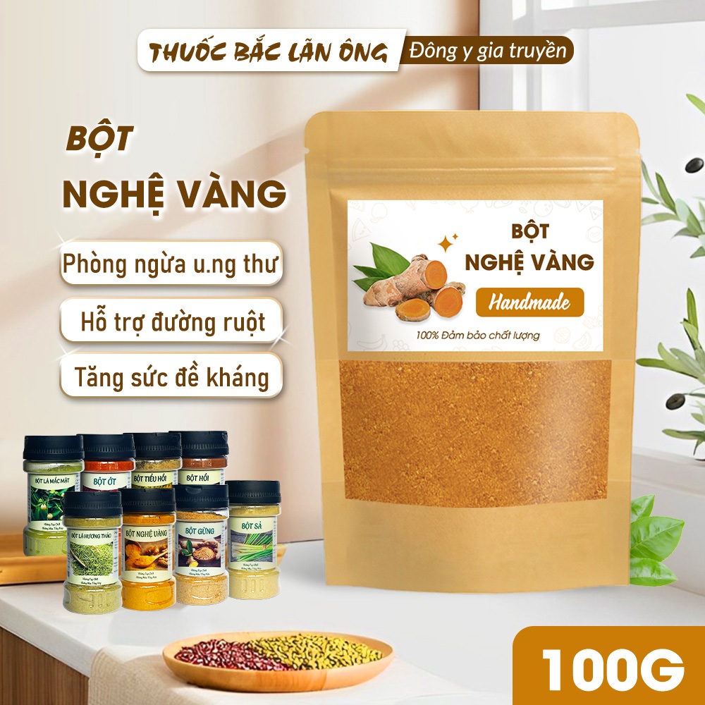 Bột nghệ vàng 100g, nguyên chất, thơm, mịn, gia vị tẩm ướp, tạo màu, hương vị cho món ăn