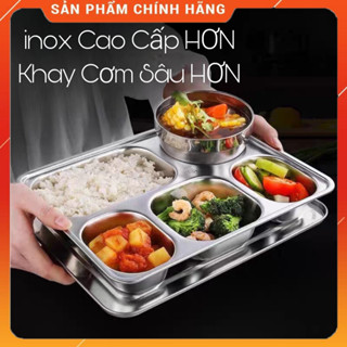 Khay cơm inox 304 4/5 ngăn kích thước 22*28 sâu 4cm cho người lớn công nhân trẻ nhỏ có nắp