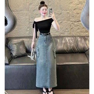 Set váy thanh lịch cho các nàng công sở, set áo lệch vai cột nơ phối chân váy jean dài chữ a kèm nịt - shop ngô fashion