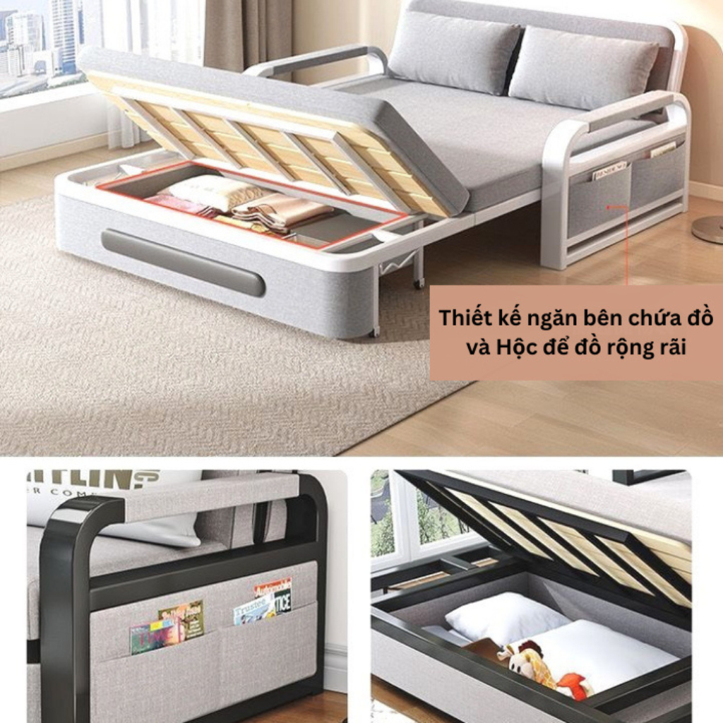 Sofa Giường Thông Minh Gấp Gọn Thành Ghế Đa Năng Có Hộc Để Đồ Kèm Nệm Và 2 Gối, Giường Sofa Hiện Đại Gấp Gọn Thành Ghế | BigBuy360 - bigbuy360.vn