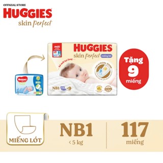  Miếng lót sơ sinh Huggies Skin Perfect NB1 64+4  NB2 60  NB1 108+6 miếng với 2 vùng thấm giảm kích ứng da 