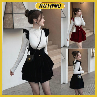  set váy áo,set yếm nhung cánh tiên phối áo len tăm cổ thuyền bánh bèo trẻ trung B88 SUTANO 