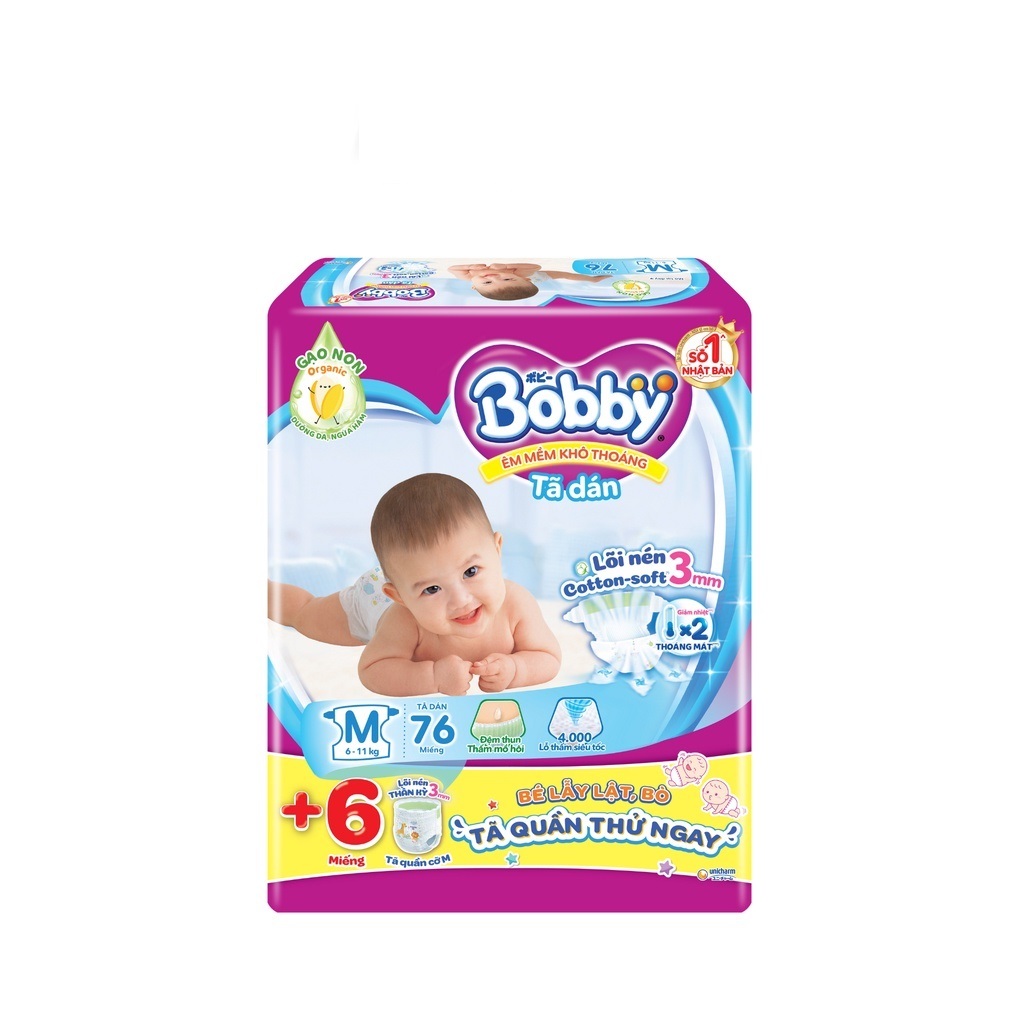 Tả/Bỉm Dán Bobby M76/L68/XL62/XXL56