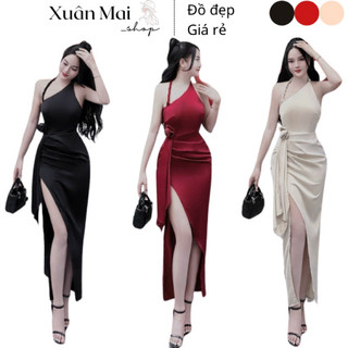 [FREESHIP] Đầm ôm body dài xẻ đùi cách điệu khoét vai đính hoa siêu xinh 3 màu đen đỏ nâu đồ đi chơi đi tiệc Noel Tết