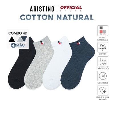 COMBO 4 Đôi tất vớ nam ARISTINO Bizmen cổ ngắn trơn cotton nano Ag+ khử khuẩn chống hôi BSC013.CB4