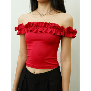 OLALASTUDIO Áo trễ vai có bèo chun đỏ - SLAY TOP