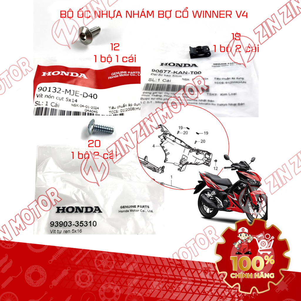 Bộ Ốc Dàn Áo, Bu Lông Bắt Bợ Cổ Gáy Sau Winner X V4 2024 90677KANT00, 9390335310, 90132MJED40 Chính 