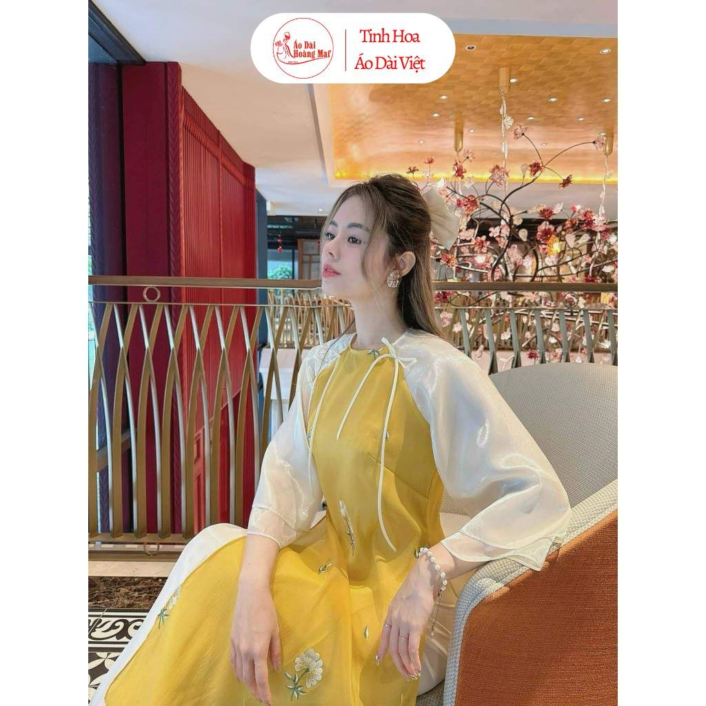Áo dài cách tân nữ vàng LIINN điệu đà hiện đại duyên dáng, thêu hoa tỉ mỉ cao cấp đủ size-Mai Áo Dài
