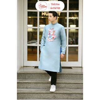 Áo dài cách tân Nam màu xanh dương vải dạ xước cao cấp - Áo Dài Hoàng Mai