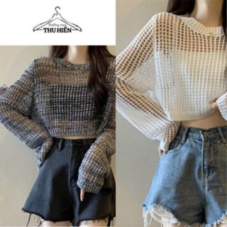 Áo croptop vải len dệt kim dáng rộng dài tay hoạ tiết lưới phù hợp mặc đi biển, du lịch từ XUONGMAYTHUHIEN1