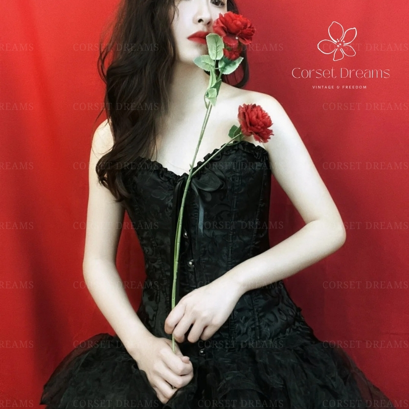 CORSET DREAMS - Áo Corset Đen Cổ Điển Họa Tiết Vintage