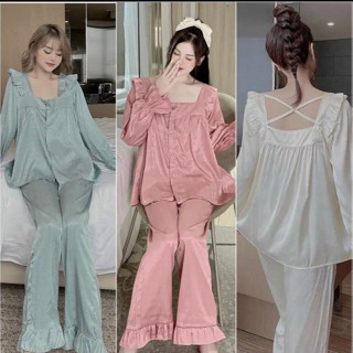 Bộ Đồ Nữ Tiểu Thư Cổ Vuông Dài Tay Chất Liệu Lụa Siêu Mềm Mịn Thoáng Mát FreeSize 38-60kg