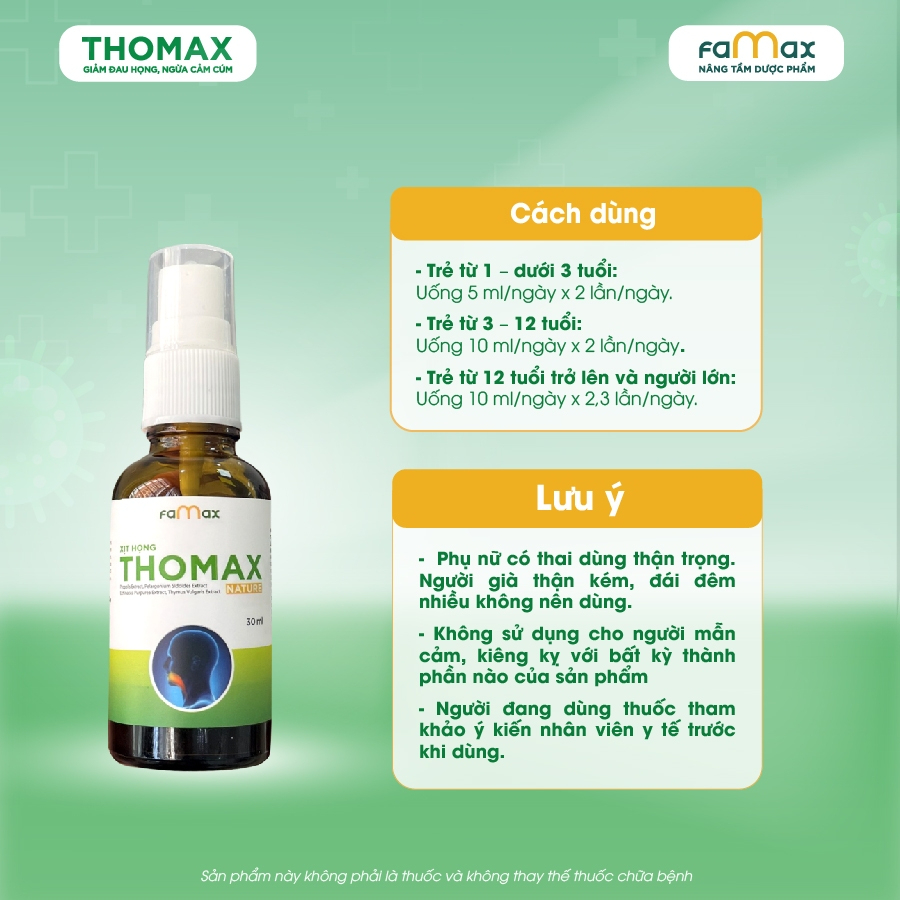 Xịt họng Thomax Nature hỗ trợ giảm ho, đau họng, viêm họng 30ml