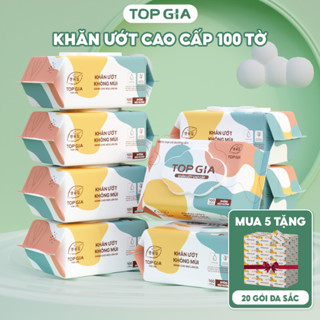 [Tặng 20 gói giấy ăn đa sắc] Combo 5 bịch khăn ướt 100 tờ cao cấp Topgia mềm mại, dành cho em bé