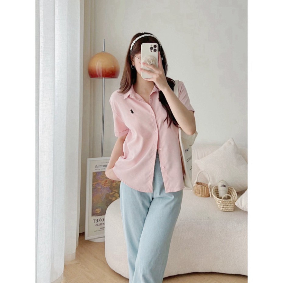 Áo sơ mi nữ cộc tay thêu thỏ, Áo sơ mi ngắn tay siêu xinh | BigBuy360 - bigbuy360.vn