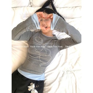   sẵn  Áo thun dài tay cổ tròn màu ghi phối layer xanh pastel đính đá nơ CHERRY thời trang nữ ATDT012 - Tiktik 