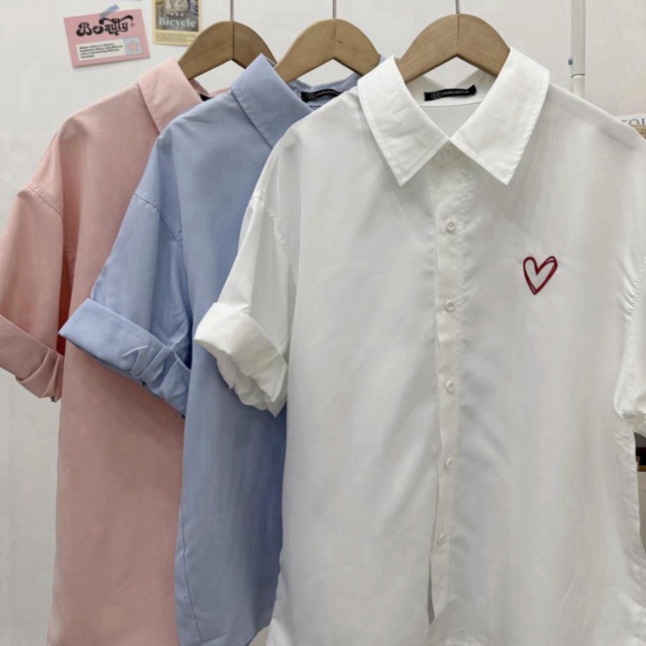 [HÀNG MỚI BÁN CHẠY] Áo sơ mi ngắn tay vạt bầu thêu trái tim đôi HAVANA | BigBuy360 - bigbuy360.vn