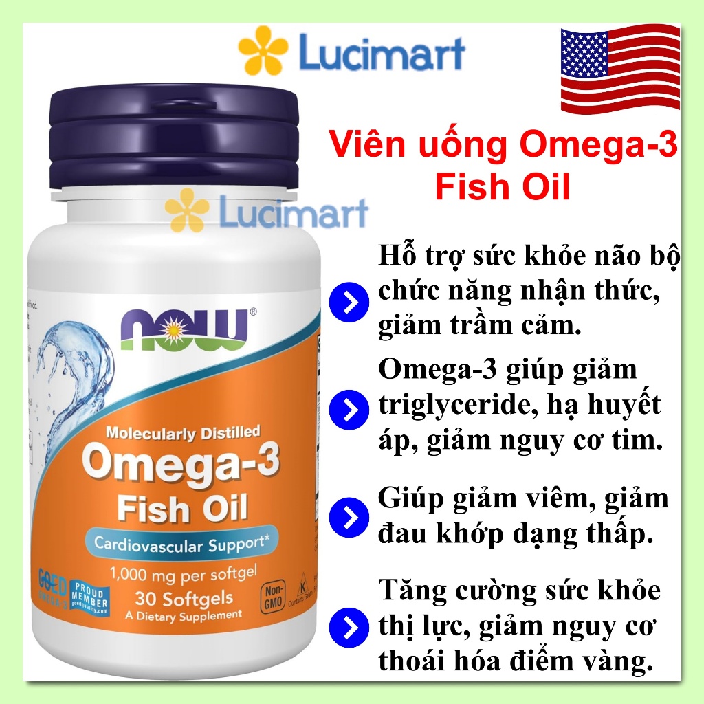 Viên uống Omega-3 Fish Oil 1000mg Now Foods hũ 30 viên / 100 viên nang mềm [Hàng Mỹ]