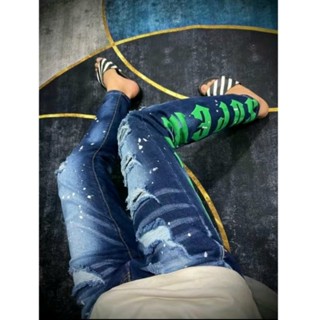 Quần bò nam DQ chữ xanh sọc ống sau bản 4 cúc hot trend vải dày dặn co dãn mẫu mới cao cấp