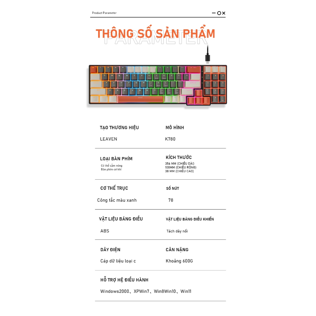 Bàn phím cơ K780 Leaven - Yellow switch - Có Hotswap - Led Rainbow - Dây rời - Hỗ trợ mọi thiết bị | BigBuy360 - bigbuy360.vn