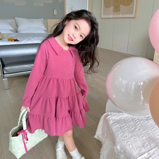 Váy Bé Gái Thepig , Đầm Thu Đông Màu Hồng Dài Tay Phong Cách Hàn Quốc Chất Nhung Chéo Hàn Siêu Mềm Mịn Cho Bé Gái