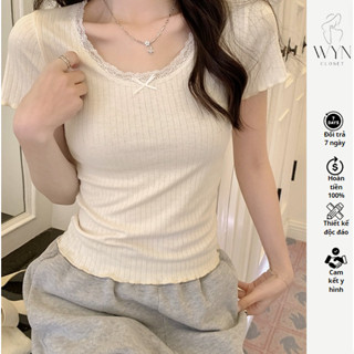 Áo coquette nơ baby tee nữ cố tròn phối viền ren, chất thun tăm co giãn ôm body cực tôn dáng