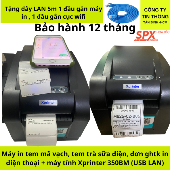 Máy in Xprinter 350BM – In mã vạch, tem trà sữa, đơn hàng GHTK điện thoại, máy tính (USB + LAN)