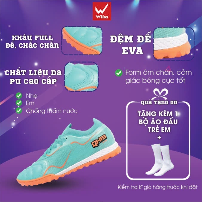Giày Đá Bóng Wika QH19 Z-Vol Trẻ Em Chính Hãng Siêu Nhẹ ,Da TPU Cao Cấp, Đệm Lót Eva Êm Giảm Chấn