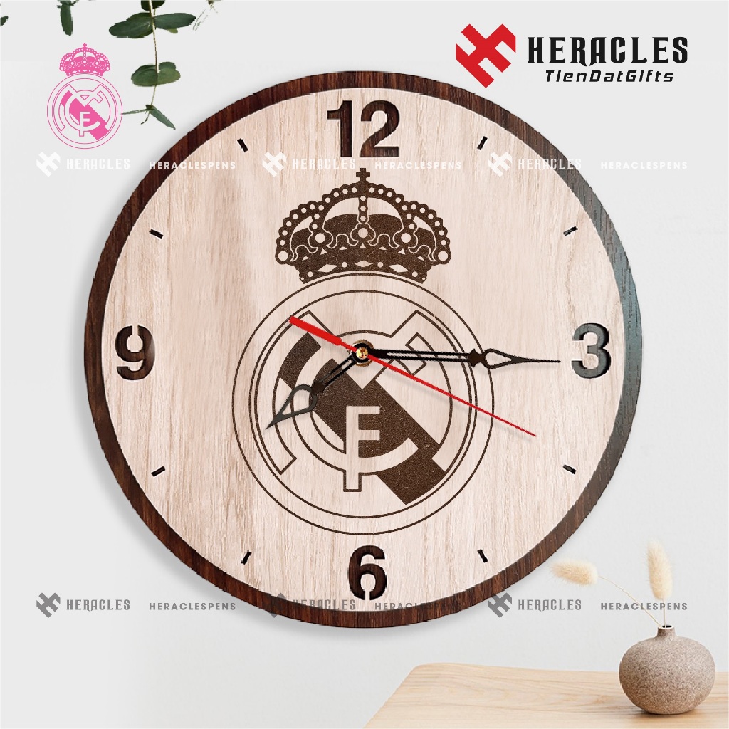 Đồng Hồ Gỗ Treo Tường - Khắc logo bóng đá, khắc hình ảnh cầu thủ theo yêu cầu - Khắc CLB Real Madrid