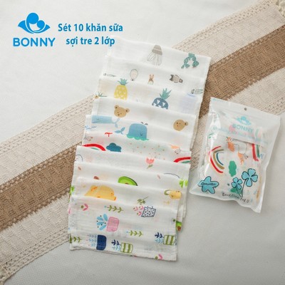10 Chiếc Khăn Sữa 2 Lớp BONNY Sợi Tre Mềm, Thấm Hút Tốt Không Xù Nhăn (KT: 26x26Cm)