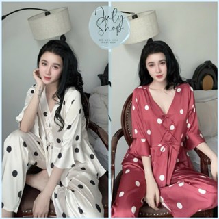 Đồ Ngủ Nữ JULY, Đồ Bộ Mặc Nhà Họa Tiết Chấm Bi Tay Lở Kiểu Dáng Croptop Trẻ Trung Chất Lụa Freesize <58kg