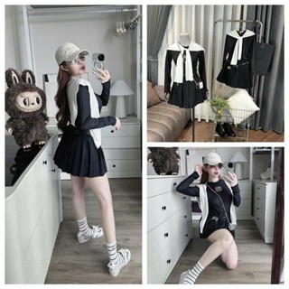 [ FREE SHIP ] Set áo kèm khăn mix cv xếp ly Miu Miu Áo len tăm co dãn ôm body, khăn buộc điều chỉnh Cv chéo hàn xếp ly