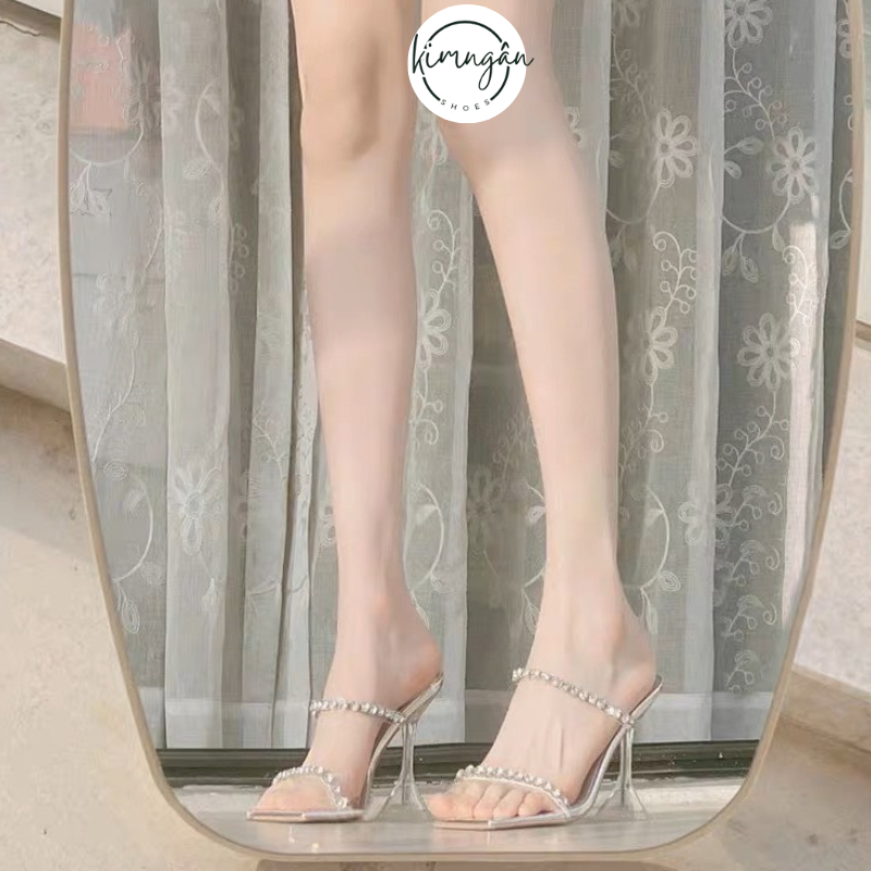 Guốc nữ 7 phân, cao gót nữ 2 dây mica đính đá gót ly 9P mũi vuông đi tiệc sang chảnh Kimngan_KN08