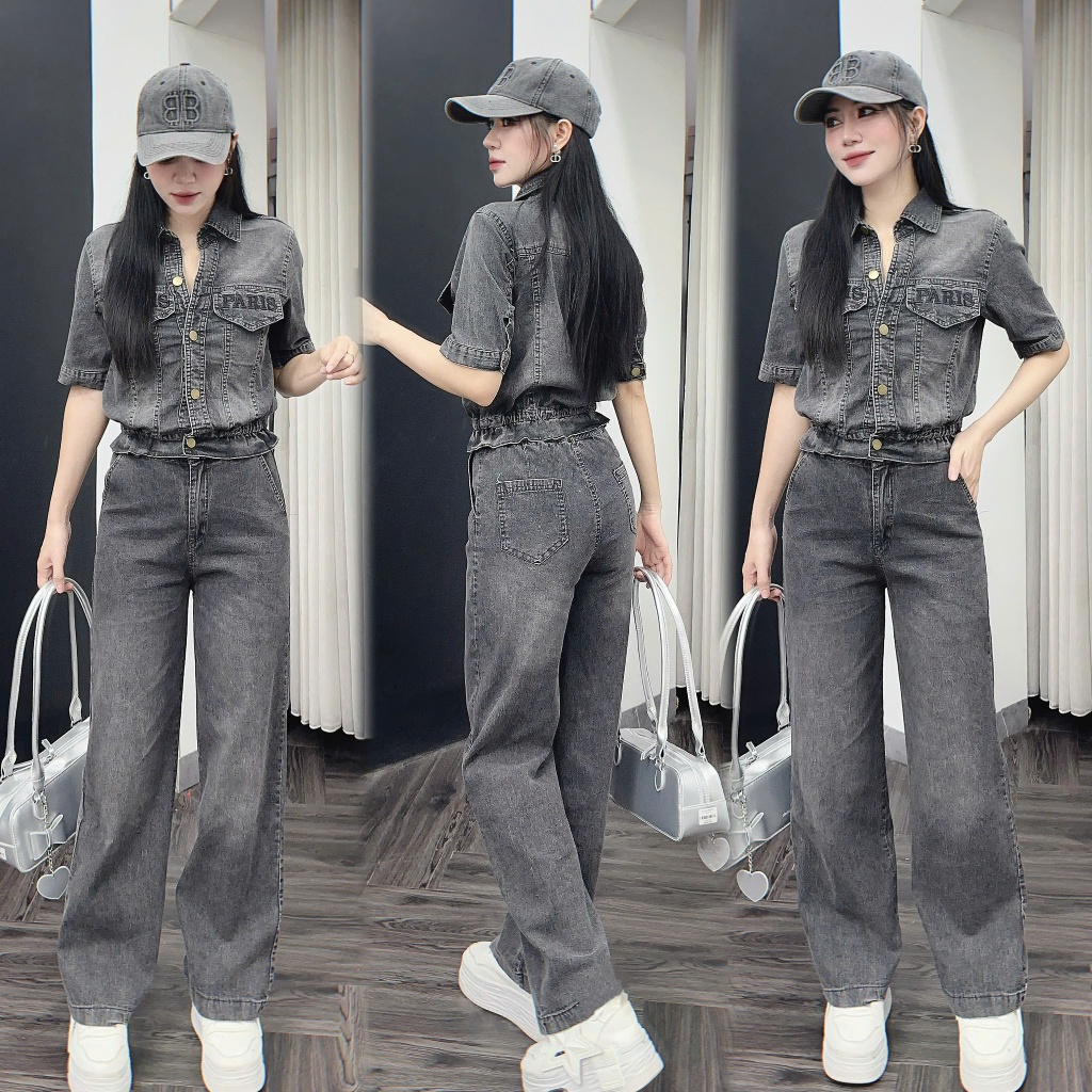 Sét Bộ Jean Nữ 💥 HÀNG CAO CẤP 💥 Bộ Jean Cổ Đức, Quần Suông Dài Phong Cách Trẻ Cho Nữ, Chất Liệu Bò M