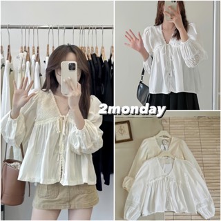 ÁO SƠ MI BABYDOLL THÊU REN HOA CỔ V THẮT NƠ DÀI TAY BỒNG SIÊU XINH A20