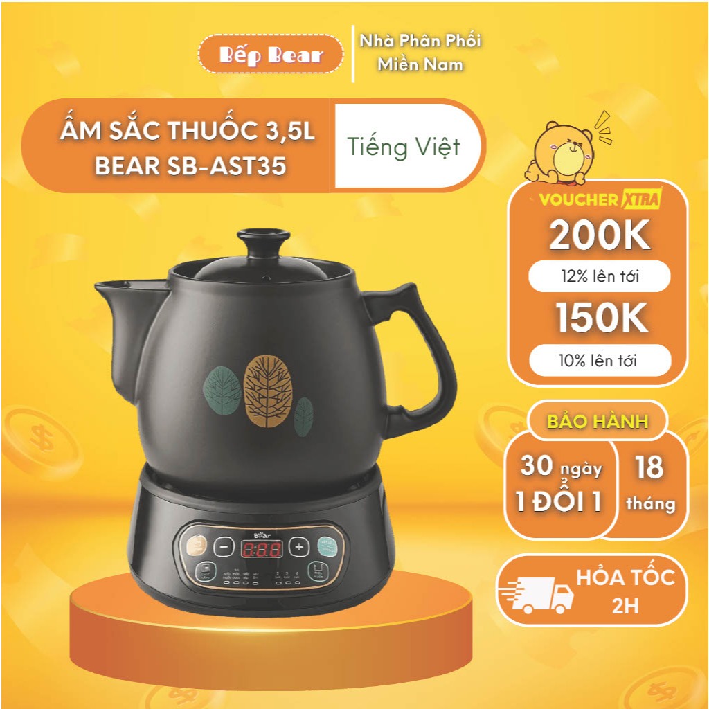 Ấm Sắc Thuốc Bear 3,5L Bằng Điện Đế Rời Giữ Ấm Hẹn Giờ Tiết Kiệm Thời Gian SB-AST35 - Bản Tiếng Việt Bảo hành 18 Tháng