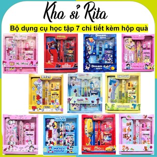 Ritahcm siêu rẻ❤️ Bộ dụng cụ học tập 7 món kèm hộp quà siêu cute nhiều chủ đề