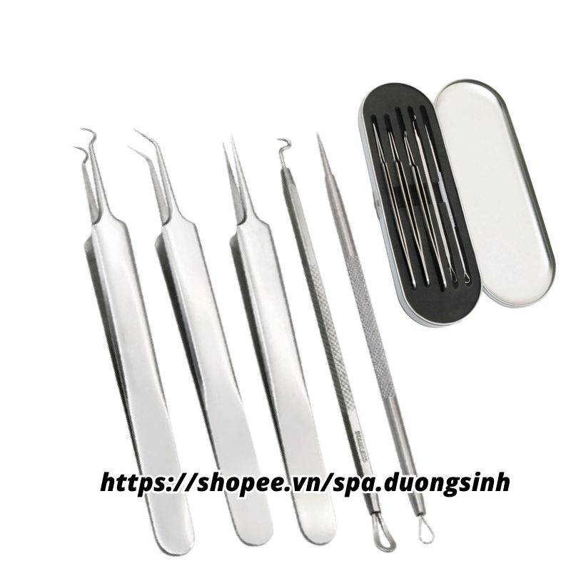 Bộ Que Nặn Mụn 5 Món Cao Cấp - Bộ Nặn Mụn Inox Không Gỉ Kèm Nhíp Gắp Mụn, Que Nặn Mụn Đầu Đen